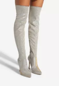 Lekisha de SHOEDAZZLE, Botas Muslo Stiletto Plateadas Lurex Elásticas 4.75", Talla 12 - Imagen 1 de 8
