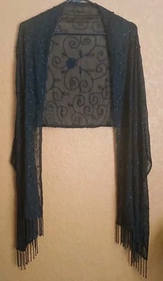 "Bufanda con cuentas flecos negros de gasa larga 19"" x 69""" Foto 1 de 4
