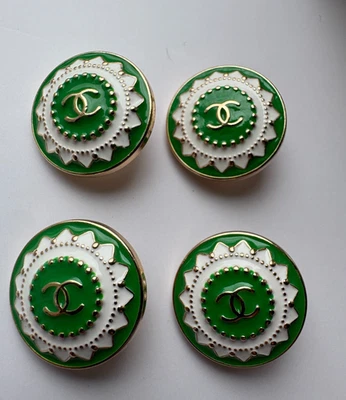 Chanel 21mm Green,  & White Enamel Sunburst Buttons–Gold CC-Set of 4- STAMPED - Image 1 of 4