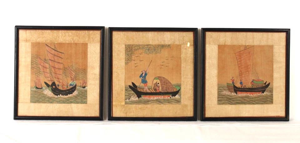 3 pinturas chinas antiguas escena de hombres y barcos en seda sin firmar enmarcado Foto 1 de 4