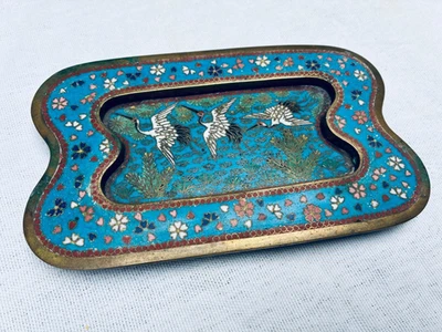 Antiguo MEIJI TEMPRANO Japonés Cloisonne Esmalte BANDEJA PEQUEÑA Plato GRÚAS BLANCAS Foto 1 de 4