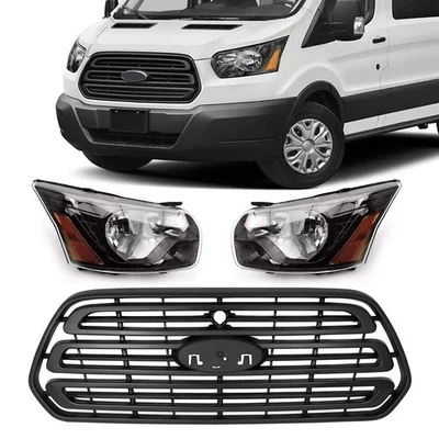 For 15-19 Ford Transit 150 250 350 HD Front Grille Matte Black+Headlight Black - Image 1 of 4