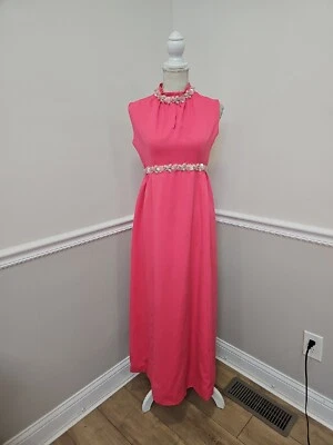 VESTIDO DE NOCHE VINTAGE HOSTESS MAXI CUENTAS LENTEJUELAS IMPERIO CINTURA COLOR ROSA. Foto 1 de 4
