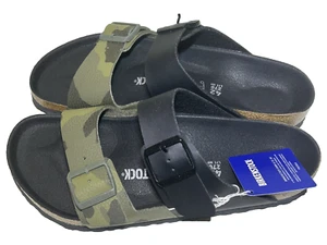 Sandalias Birkenstock Para Hombres 9 W 11 Arizona Divididas Negras/Verdes Camuflaje Hebilla Cómoda - Imagen 1 de 9