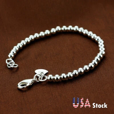 Brazalete de cadena de bola de cuentas de plata de ley 925 genuina de 4 mm-6 mm para mujeres niñas Foto 1 de 4