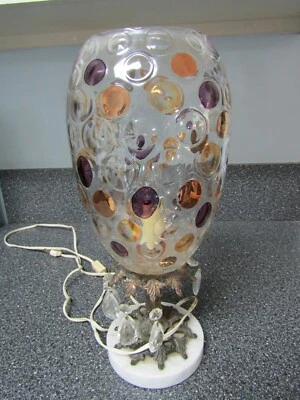 Lámpara vintage con patrón de moneda de vidrio/hierro fundido de mármol con prismas ~ 14" T #2 Foto 1 de 4