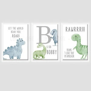 Boys Dinosaur Personalised PRINTS ONLY A4 Nursery Room Blue Green Grey Dino Roar - Picture 1 of 2