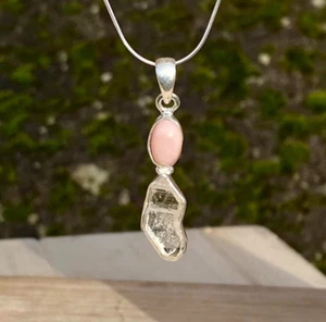 Colgante de ópalo rosa con diamantes Herkimer de plata de ley 925 con piedras preciosas en bruto - Imagen 1 de 4