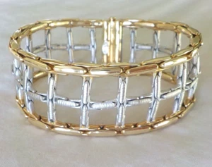 Italy Heavy 14k Yellow White Gold Flex Lattice Link Bracelet - 33.9 gms, 8.0 in - Picture 1 of 15