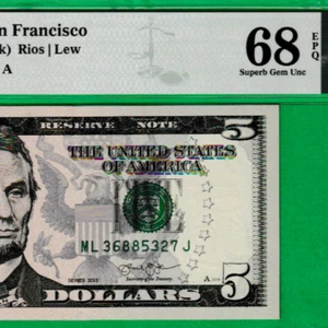 $5 Federal Reserve Note Serial Number WL 36885327 J Fr. 1996-L PMG 68 EPQ - Picture 1 of 3