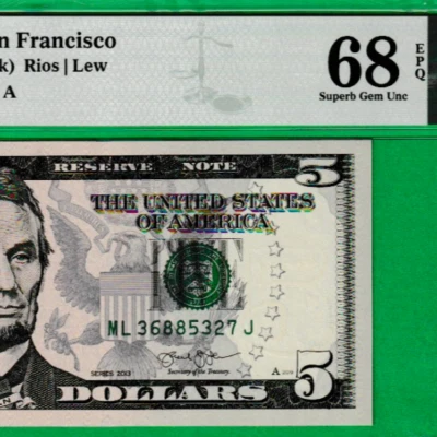 $5  Federal Reserve Note  Serial Number WL 36885327 J  Fr. 1996-L PMG 68 EPQ - Image 1 of 3