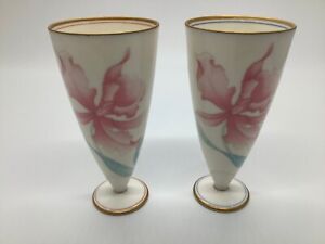 Pair Fukagawa Koransha Arita, Japan Hand Painted Orchid Porcelain Saki Wine Cups