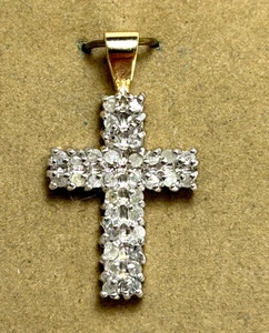 LOVELY 10K TWO TONE GOLD 1/3 CT TW ROUND DIAMOND CROSS PENDANT - Picture 1 of 10