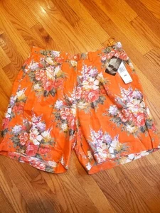 Vintage Ralph Lauren Orange Floral Womens Bermuda Shorts Size 16W Linen Pleated - Picture 1 of 13