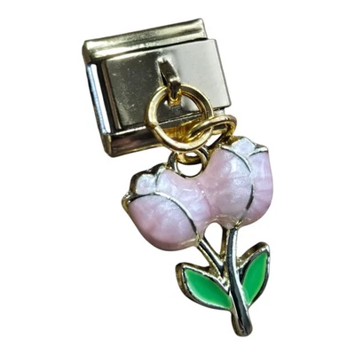 Italian Charm Link Gold Tone Pink Enamel Tulip Flower Dangle - Image 1 of 3
