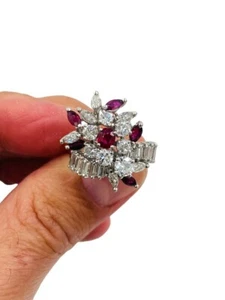 935 Silver With 5.66TCW Multi Cut Simulated Ruby & Sapphire Floral Wedding Ring - Picture 1 of 9