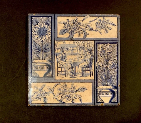 Antique Kate Greenaway Hand Painted Tile c. 1880 T & R Boote England Cover