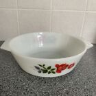 Vintage Arcopal France Round Casserole Dish Red Rose Pattern Milk White Glass