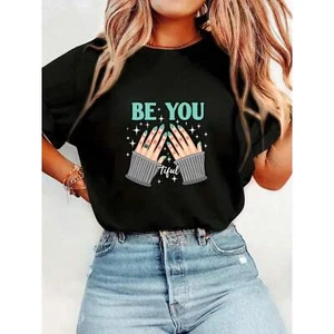 Women's finger printed short sleeved T-shirt, casual round neck short sleeved - Picture 1 of 12