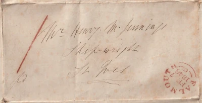 1846 RED HANDSTRUCK 1 FALMOUTH UPP LETTER HENRY JENNINGS SHIPWRIGHT St IVES - Изображение 1 из 4