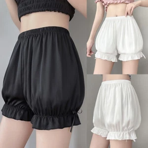 Ice Silk Ruffled Pumpkin Shorts Pants Silk Satin Bow Decor Panties High Waist ~ - Picture 1 of 13