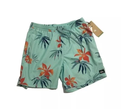 Quiksilver Swim Trunks Youth Size M Tropical Print Swim Shorts Blue Mesh Lining - Image 1 of 4