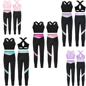 Kids Girls Outfits Yoga Set Tights Dancewear Workout Costume Sports Activewear - Picture 1 of 50