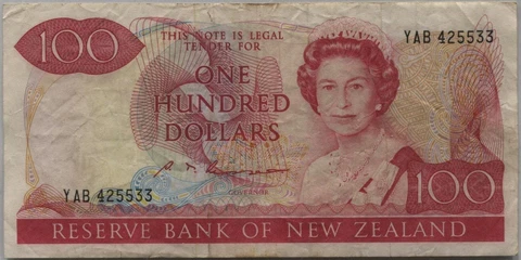 New Zealand Queen Elizabeth II. $100 Banknote 1985-89 Cover