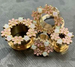 PAIR Opal Glitter & Enamel Flowers Gold Screw Fit Tunnels Plugs Earlets Gauges - Picture 1 of 6