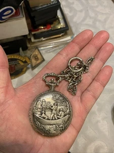 Jean Marcel 17J Swiss Pocket Watch With Chain Hunting Scene Working  - Picture 1 of 10