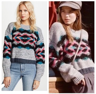 Suéter FREE PEOPLE I Heart You cinza médio robusto malha cropped boxy esqui inverno - Imagem 1 de 4