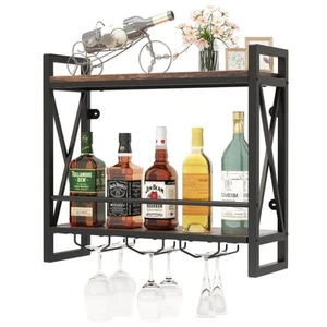 Wall Mounted Wine Rack Industrial 2-Tier Shelf with Glass Holders for Kitchen - Picture 1 of 9