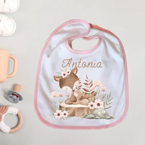 Babylätzchen Reh-Mama & Baby – personalisiert mit Name – rosa Rand – Geschenk zu - Bild 1 von 1