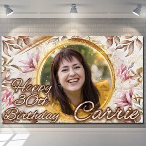 Personalised Birthday Backdrop Banner Photo Pink Gold Flower Girl Woman Poster - Picture 1 of 4