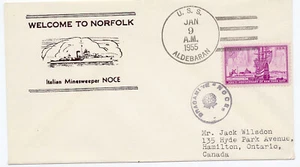 Cubierta de evento de barco naval de Estados Unidos 1955 USS Aldebaran Bienvenido a Norfolk Noce italiano - Imagen 1 de 2