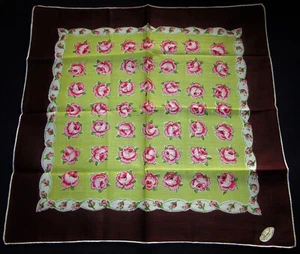 Vintage Hankie Burmel Original Pink Rose/Rosebud Floral Brown Border Hand Rolled - Picture 1 of 3