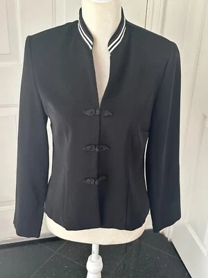 90s Jessica Howard Black Jacket, Black/White Ribbon Trim Frog Closure Size 8 - Image 1 of 4