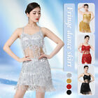 Women Belly Dancing Shiny Sequin Fringe Camisole Top Mini Skirt Fancy CostumeSet
