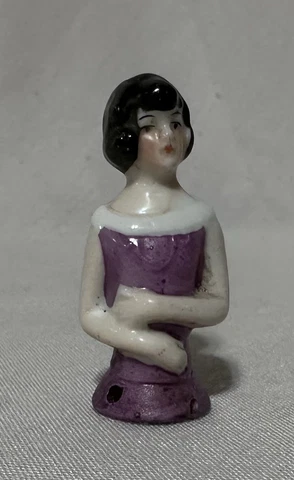 Antique Flapper Half Doll Purple Dress Arms Folded Porcelain China Germany 1.75” Cover
