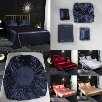 Faux Silk Satin Bedding Elastic Fitted Sheet Pillowcases Bed Cover Bedsheet - Image 1 of 4