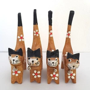 Holzfigur Ringhalter Katze mit kleiner Glocke 4er Set - Kunsthandwerk aus Bali - Bild 1 von 1