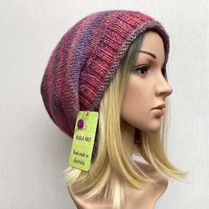 KOALA KNIT HAND KNITTED SIZE L LADIES AUST WOOL PINK PURPLE SLOUCHY BEANIE HAT - Picture 1 of 6