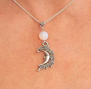 Moonstone and Moon Gemstone Pendant Necklace Silver-plated Chain Pagan Solstice  - Picture 1 of 7