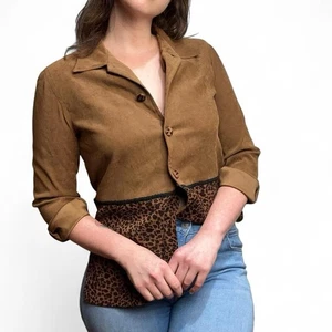 Vintage Women’s Faux Suede Leopard Print Button Up Top Size 8P Boho Western 90s - Picture 1 of 8
