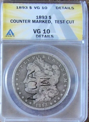 Dólar de plata Morgan 1893 $1 fecha clave rara ANACS EN MUY BUENA CONDICIÓN 10 contador marcado corte de prueba Foto 1 de 4