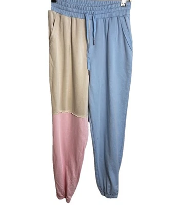 Dance & Marvel Blue Pink Tan Color Block Sweatpants Stretch Waist Size S Comfort - Image 1 of 4
