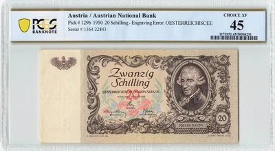 AUSTRIA 20 Schilling 1950, P-129b Error Text At Front, PCGS 45 EF, Original. - Image 1 of 2