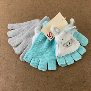 SO Girls One Size Turquoise Gray Unicorn Soft Knit Stretch Gloves 2 Pair NWT - Picture 1 of 5