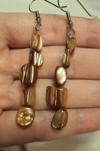 dainty brown abalone sea shell chip + silver tone dangle earrings ocean sand - Picture 1 of 2