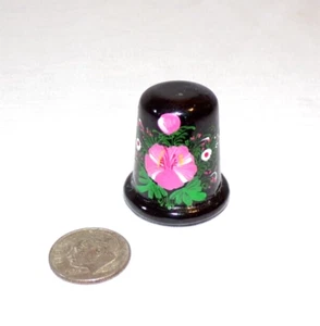 OOAK Hand Painted Sewing Thimble Wood Signed Artisan Flowers Floral Black - Picture 1 of 12